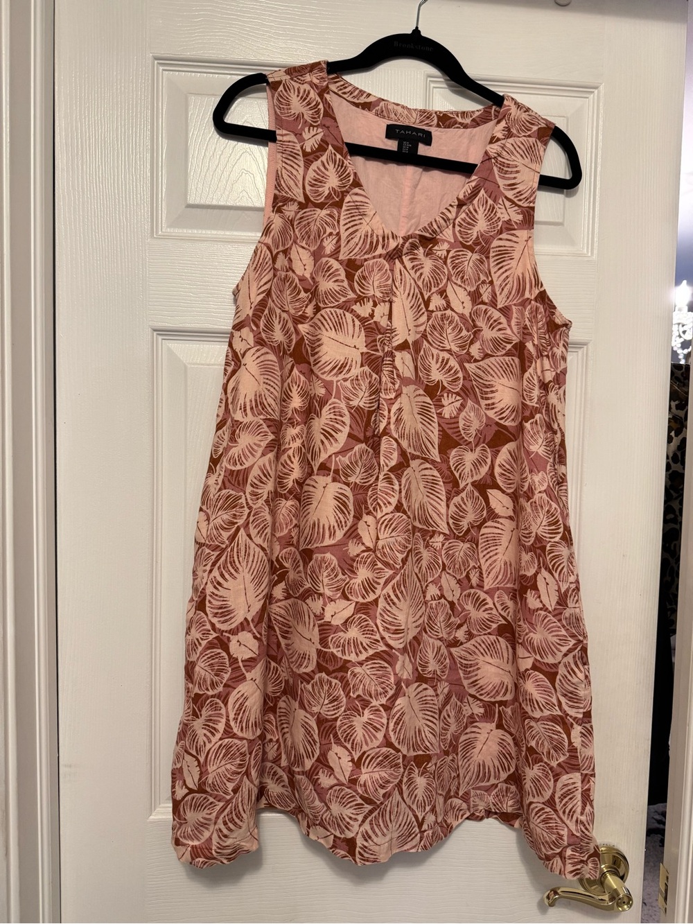 Tahari Pink Leaf-Print Sleeveless Mini Dress